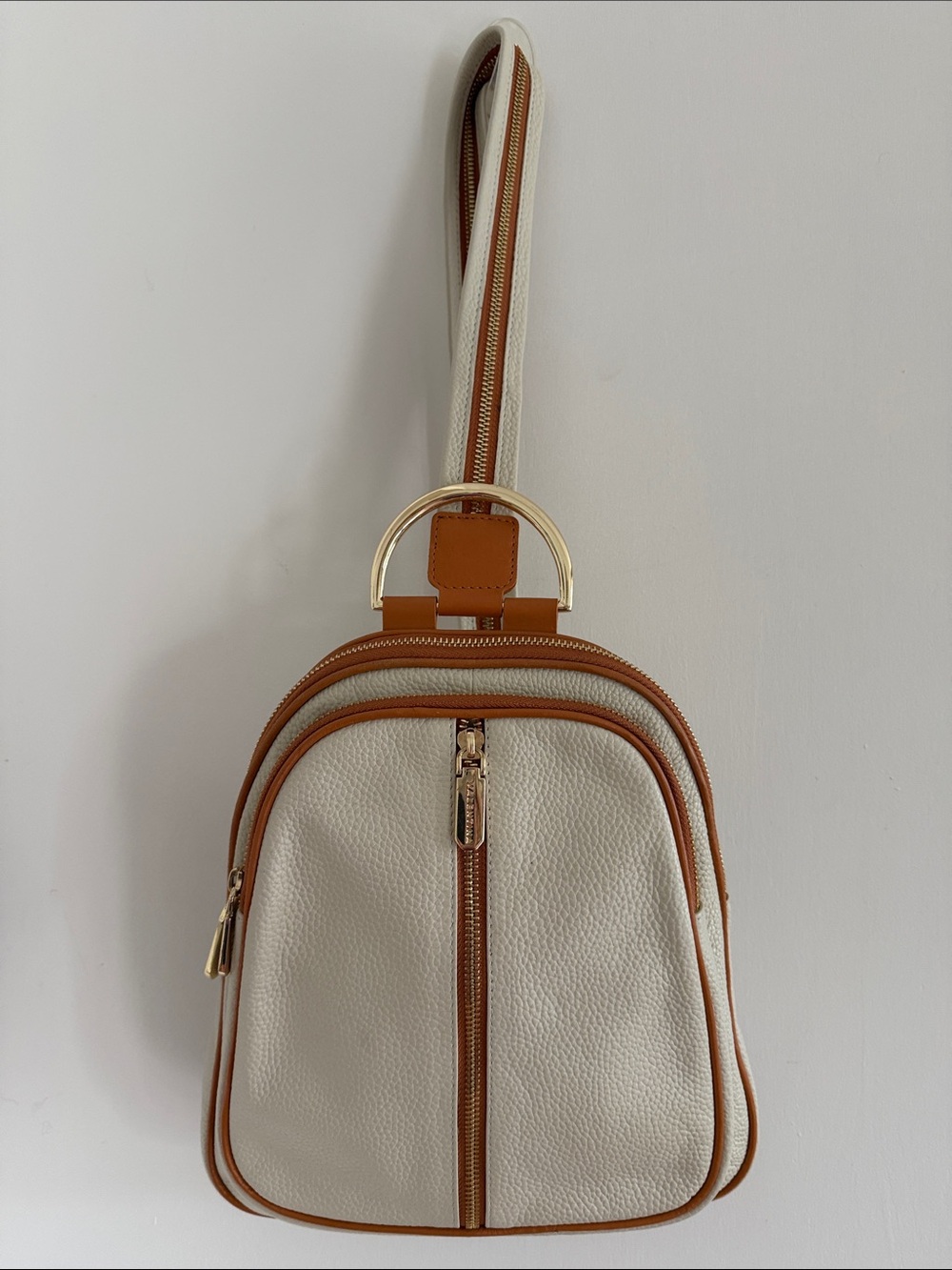Valentina  Cream /Tan Italia Leather Sling Back/Back Pack Bag With Top Handle